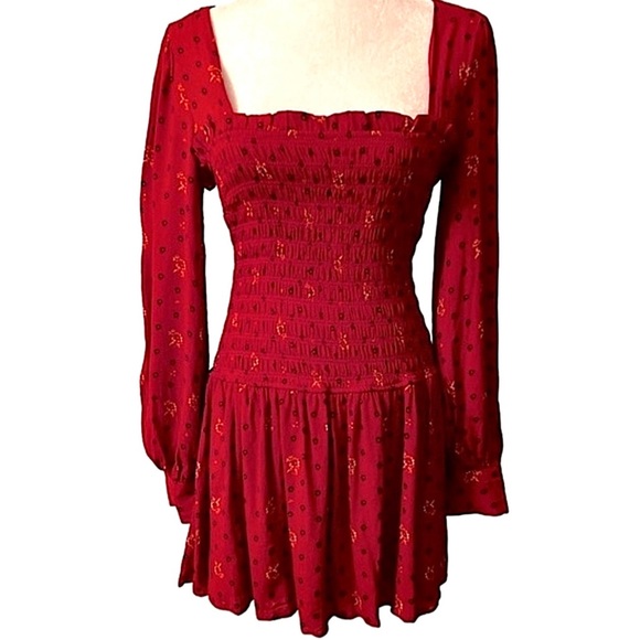 Free People Two Faces Mini Dress ruby red floral smocked long sleeve XS boho - Picture 3 of 16